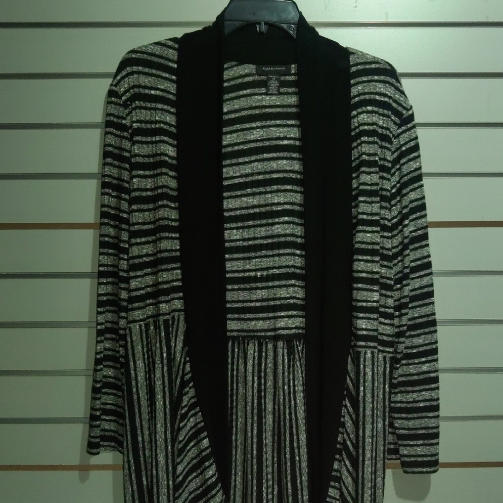 R & M Richards Black and Gray Striped Cardigan Sweater